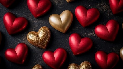 Fototapeta premium Red and Gold Heart-Shaped Chocolates on Dark Background