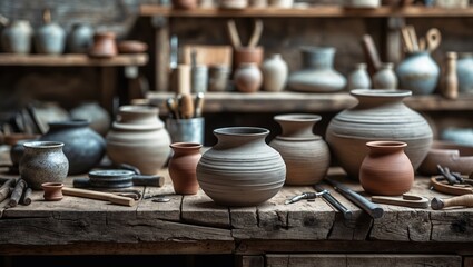 Rustic pottery workshop with clay pots and tools on a wooden table