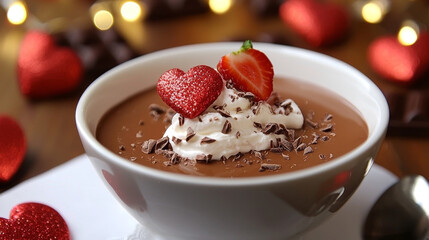 Decadent chocolate mousse, topped with whipped cream, chocolate shavings, and a strawberry.