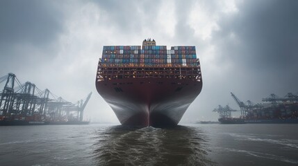 Container ship navigating through foggy waters at shipping port maritime industry dramatic viewpoint economic impact