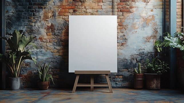 Blank canvas mockup on wooden easel against rustic brick wall with plants.
