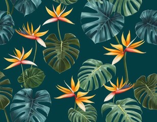 Fototapeta premium Vibrant Tropical Seamless Pattern: Bird of Paradise and Monstera Leaves