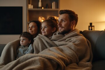 Family enjoying cozy time together on the couch in a warm living room during the evening