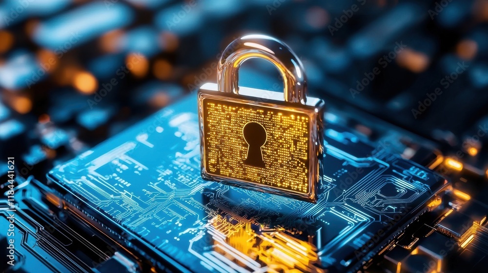 Poster secure digital lock on cybersecurity circuit board with encrypted data protection