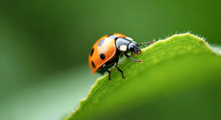 ladybug on a green leaf macro