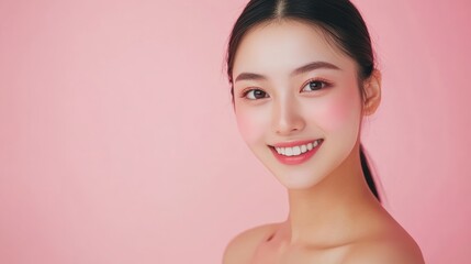 An Asian woman poses with impeccable skin against a pastel pink backdrop, reflecting skincare excellence and elegance in a commercial context.