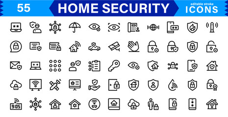Home Security Icon Set - Creative, Minimalist Designs for Smart Locks, CCTV, Alarm Monitoring, Safety Apps, and Residential Security