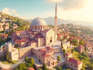 Fototapeta premium 3D Model Mosque Hilltop Village
