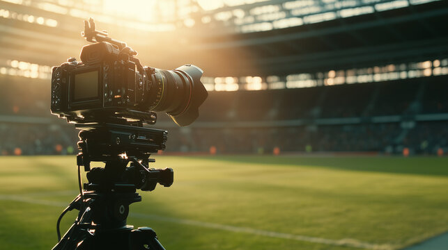 Professional camera capturing live soccer football match in stadium at sunset
