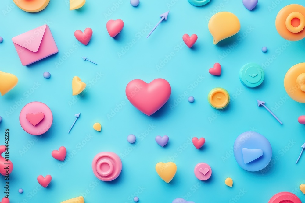 Aufkleber Colorful floating 3D chat bubbles hearts and arrows arranged on a bright blue background for engaging communication. Generative AI