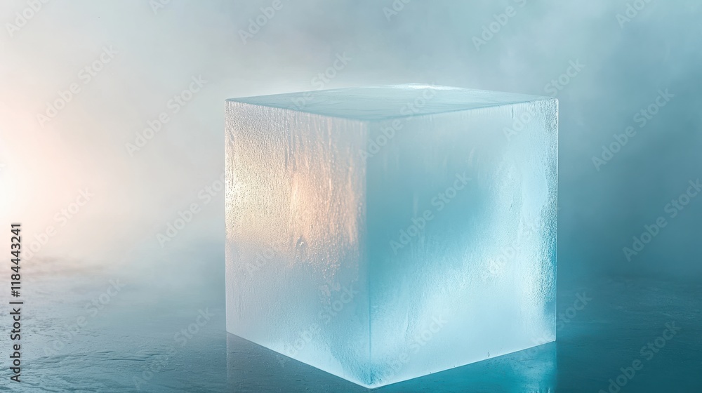 Poster large frozen ice cube with misty background for cold and refreshing concept