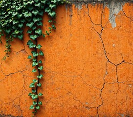 Weathered orange concrete wall with deep cracks and vines, rough finish, crumbling stone , deep cracks