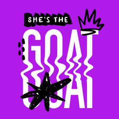 Y2k bright grunge poster. Wavy text of GOAT. Concept of the Greatest of All Time. Groovy lettering in trendy psychedelic rave style with hand drawn elements - Vector artwork.