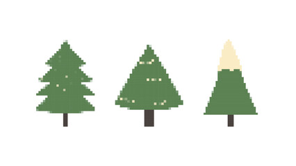 Pixel trees. Pine and spruce. Three objects isolated on a white background. Game development, mobile app.