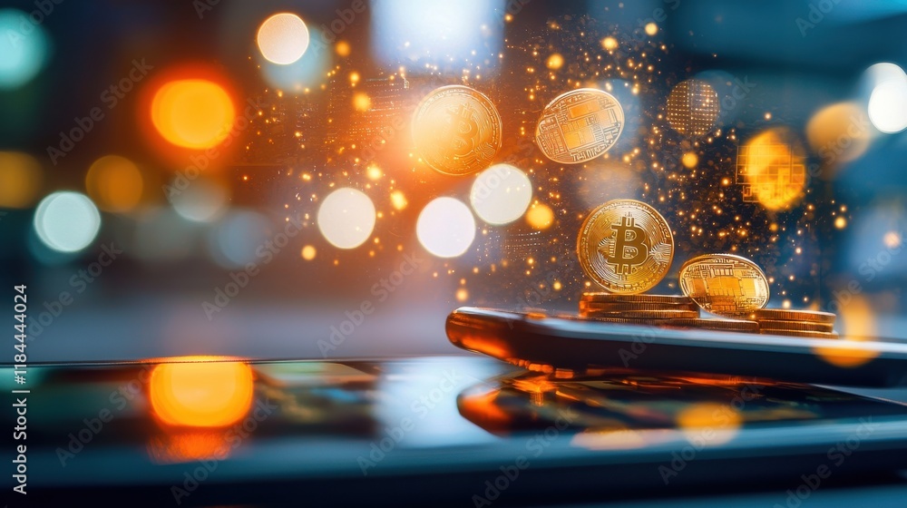 Poster glowing bitcoins floating on dark background with bokeh lights