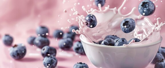Blueberries splashing into milk in a bowl.