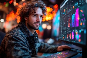 Obraz premium Creative graphic designer working at a desk with digital graphics in a vibrant environment
