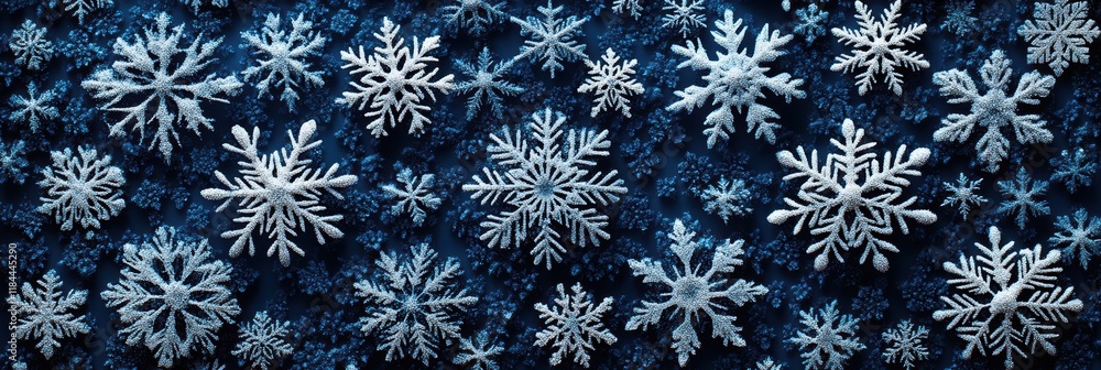 Poster lacy snowflakes create an intricate winter pattern on a deep blue backdrop