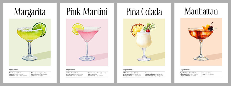 Manhattan, Margarita, Pink Martini, Pina Colada cocktails with garnish. Watercolor poster illustration with recipe