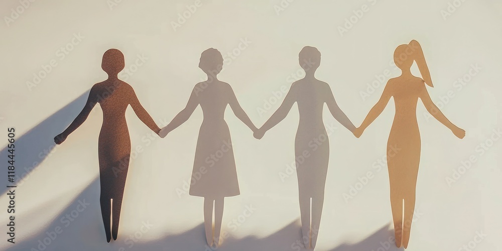 Poster four diverse paper cutout figures holding hands clean white background subtle shadows for depth unit