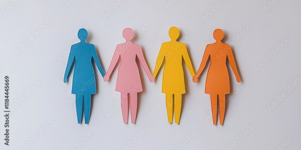 Poster four diverse paper cutout figures holding hands clean white background subtle shadows for depth unit