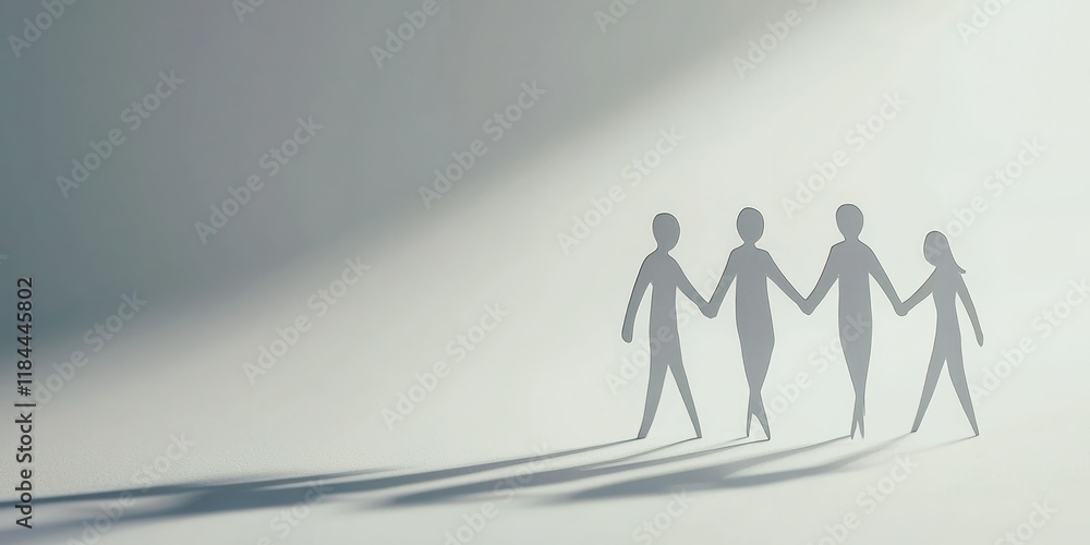 Poster four diverse paper cutout figures holding hands clean white background subtle shadows for depth unit
