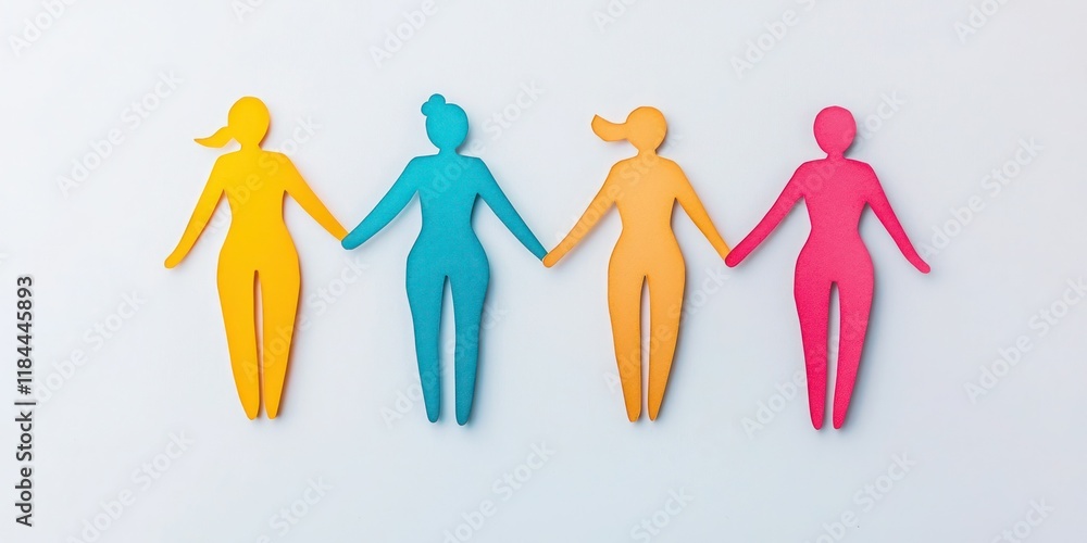 Poster four diverse paper cutout figures holding hands clean white background subtle shadows for depth unit