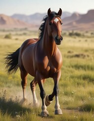 Fototapeta premium Arabian horse running free in an open grassland, freedom, dynamic pose,
