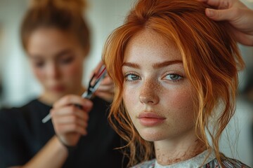 Fototapeta premium Hairdresser completes stylish look in vibrant salon with focus on client and tools