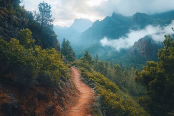 Misty Mountain Trail Through Lush Forest Towards Jagged Peaks With Low Clouds