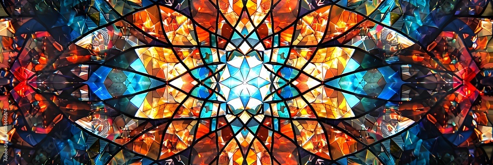 Poster vibrant abstract pattern with geometric shapes and bright colors. resembles stained glass, creating 