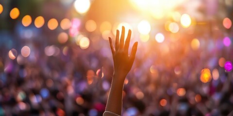 Hand raising with blur crowd people, Discuss suggestion concepts or voting in council meeting cooperation of democracy.