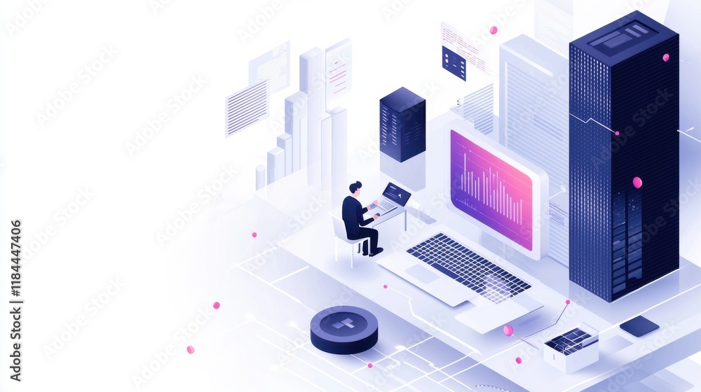 Poster futuristic digital data center with computer server and analytical charts