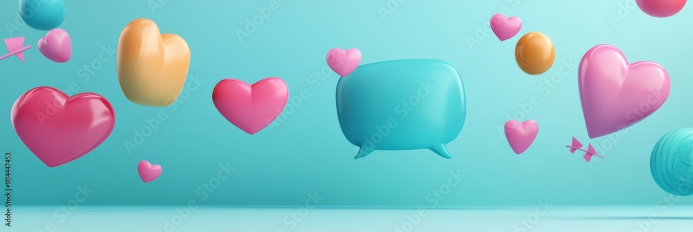 Poster floating colorful chat bubbles, hearts, and arrows in a playful 3d arrangement against a bright turq