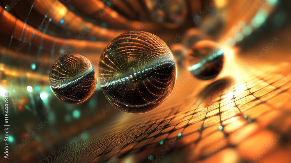 Poster quantum-inspired digital art, where quantum principles such as superposition and entanglement are us