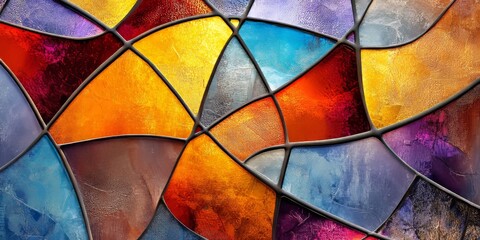 Fototapeta premium Abstract textured background featuring stained glass within a metal frame, showcasing the unique interplay of colors and patterns. This stained glass composition highlights artistic nuances.