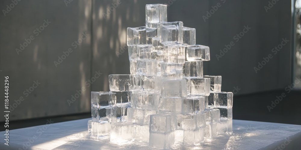 Poster image featuring a tower made entirely of ice cubes, showcasing the transparent beauty and unique str