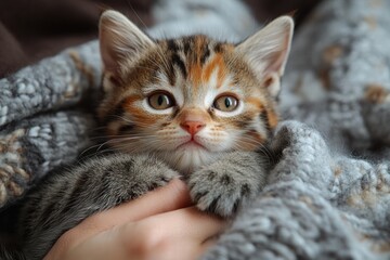 Kitten clinging to owner's hand while seeking warmth and comfort in cozy setting