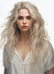 Naklejka premium A serene portrait of a young woman with flowing blonde hair and piercing green eyes, bathed in warm light, her white blouse and minimalist background embodying natural elegance and freedom.