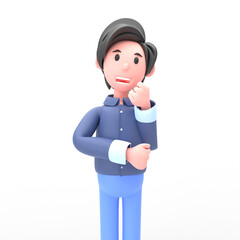 3D illustration of man shows think gesture. Portrait of cartoon smiling elegant businessman in blue suit with shows think gesture, isolated on white background.
