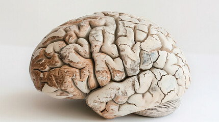 Aging human brain model with subtle cracks and fading colors, symbolizing cognitive decline and mental health. Concept of aging, neuroscience, and mental wellness.