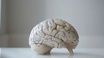 Aging human brain model with subtle cracks and fading colors, symbolizing cognitive decline and mental health. Concept of aging, neuroscience, and mental wellness.