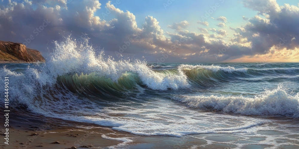 Poster afternoon waves crashing create an enchanting scene as the waves break dramatically, showcasing the 