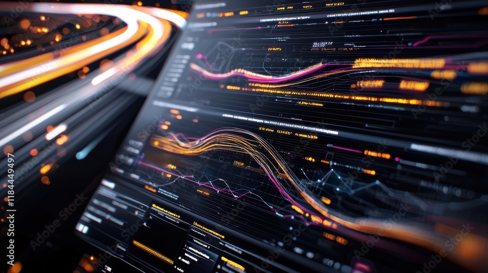 Poster vibrant neon digital motion trails and glowing data visualization abstract backdrop