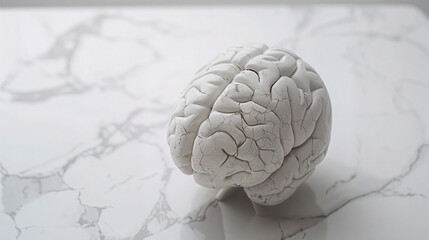 Aging human brain model with subtle cracks and fading colors, symbolizing cognitive decline and mental health. Concept of aging, neuroscience, and mental wellness.
