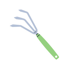 Hand cultivator or rake. Gardening tool. Flat graphic element for spring and summer designs.