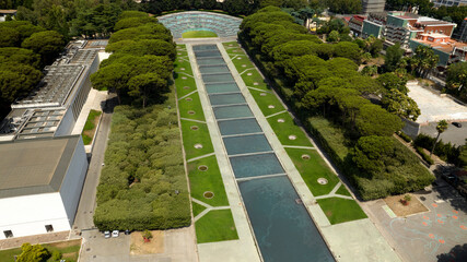 Aerial view of the fountain of the Esedra, the largest fountain in Naples, Italy. It is located in the vast architectural complex of the Mostra d'Oltremare, in the Fuorigrotta district.