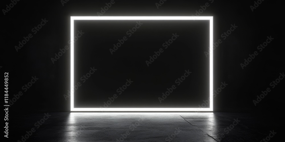 Poster a black background features a rectangle frame that glows with a bright white neon light, creating a 