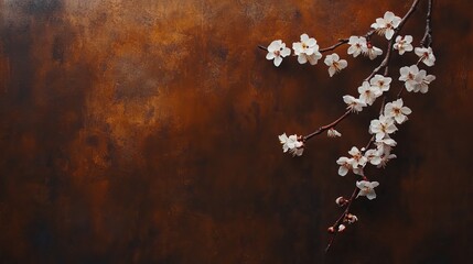Delicate Branch of White Flowers Elegantly Displayed Against a Rich Brown Background Evoking Calm Beauty