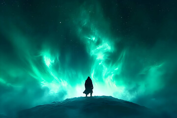 Fototapeta premium Solitary figure silhouetted against a breathtaking, vibrant aurora borealis, showcasing the majesty of nature's light display.